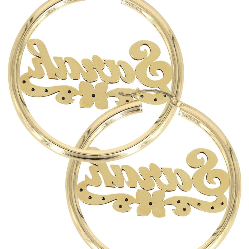 14K Ladies Two Tone Name Plate Hoop Earrings
