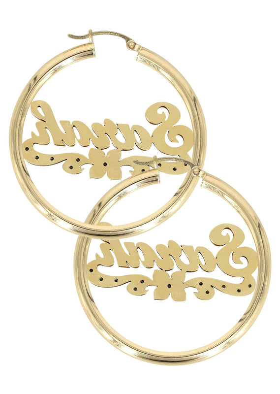 14K Ladies Two Tone Name Plate Hoop Earrings