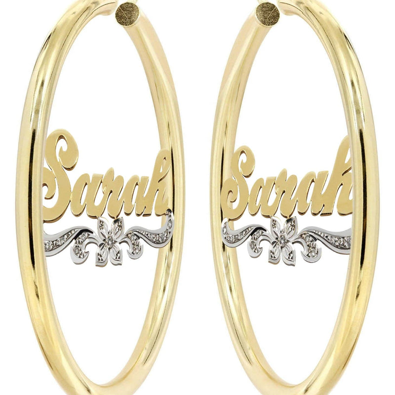 14K Ladies Two Tone Name Plate Hoop Earrings