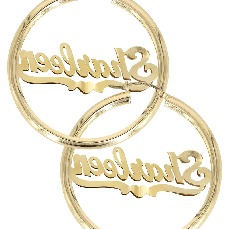 14K Ladies Two Tone  Name Plate Hoop Earrings