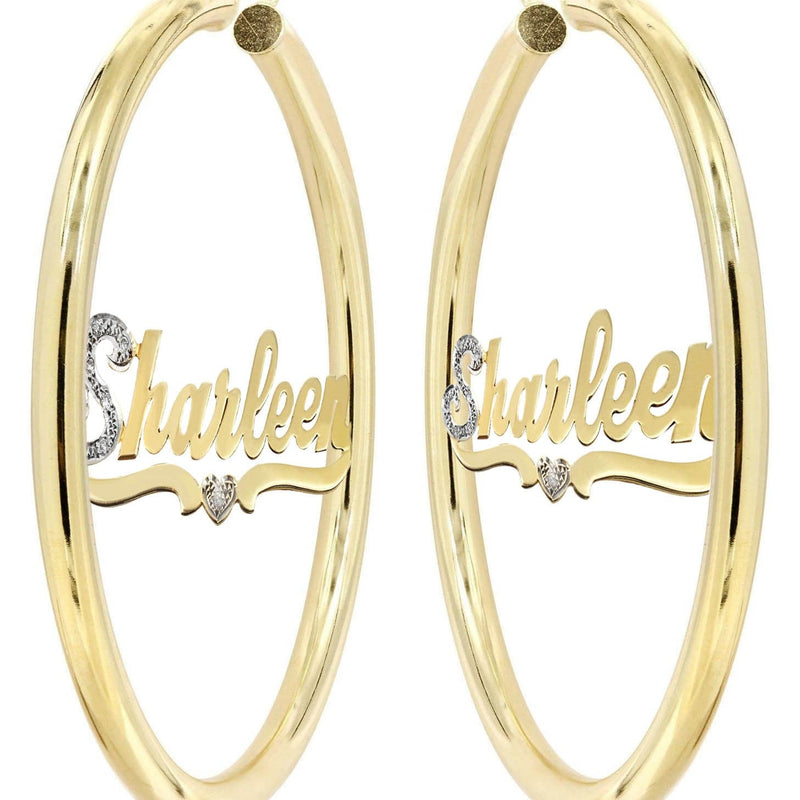 14K Ladies Two Tone  Name Plate Hoop Earrings