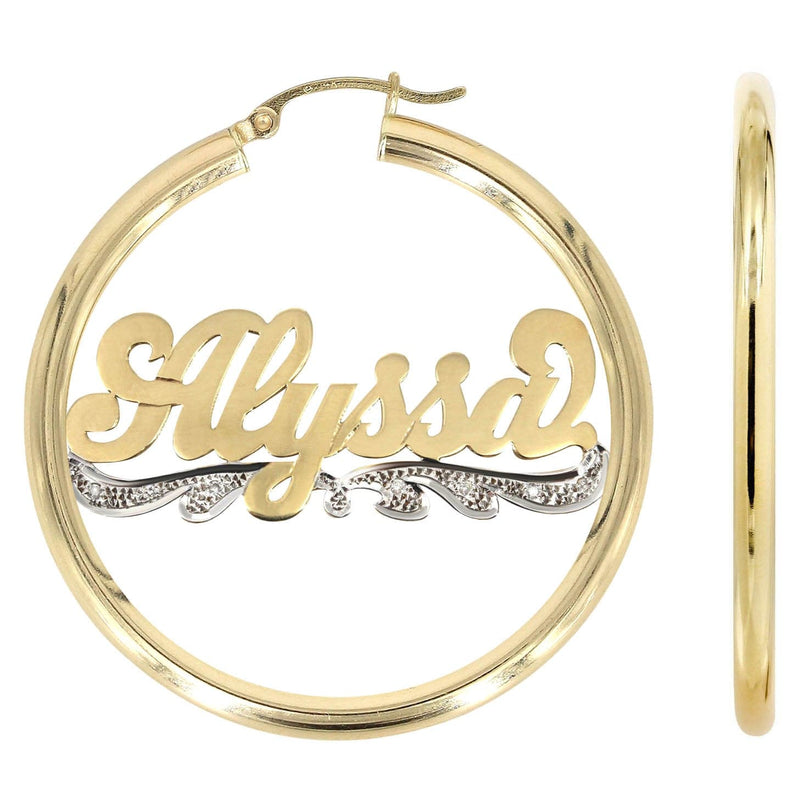 14K Ladies Plain & Diamond Cut with Diamonds Name Plate Hoop Earrings
