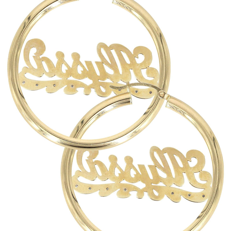 14K Ladies Plain & Diamond Cut with Diamonds Name Plate Hoop Earrings