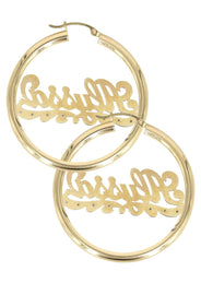 14K Ladies Plain & Diamond Cut with Diamonds Name Plate Hoop Earrings