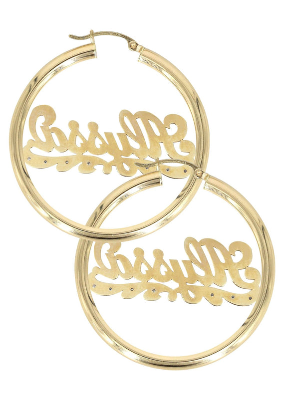 14K Ladies Plain & Diamond Cut with Diamonds Name Plate Hoop Earrings