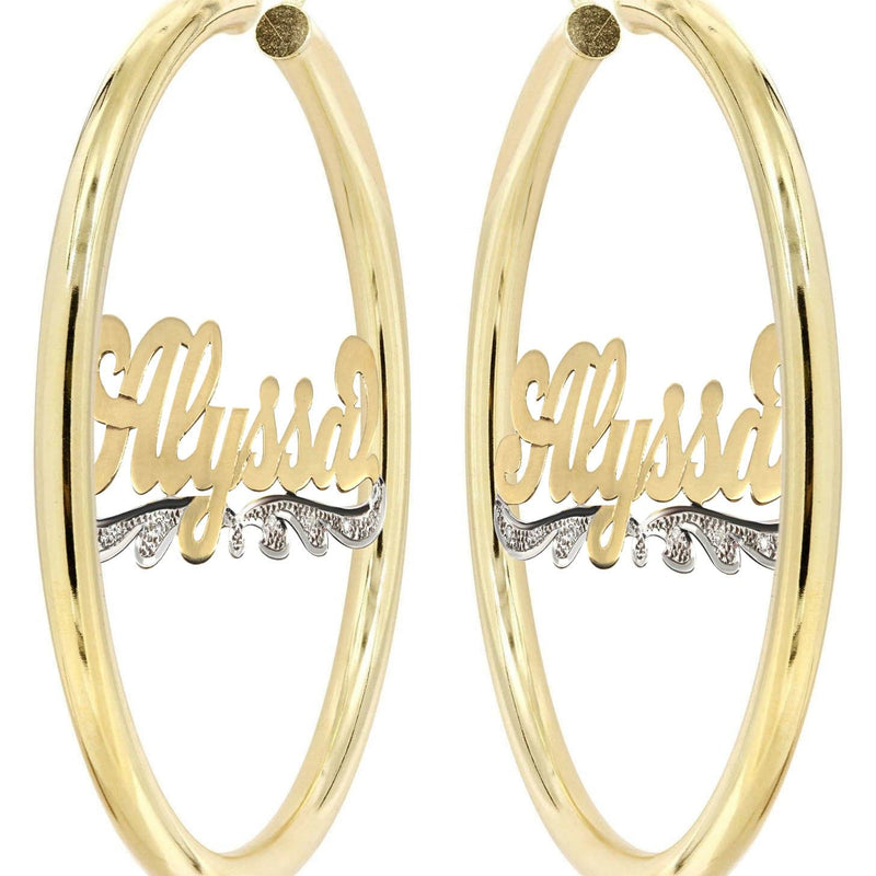 14K Ladies Plain & Diamond Cut with Diamonds Name Plate Hoop Earrings