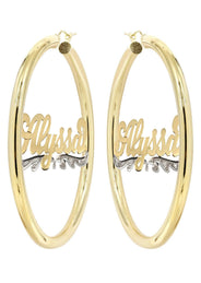 14K Ladies Plain & Diamond Cut with Diamonds Name Plate Hoop Earrings