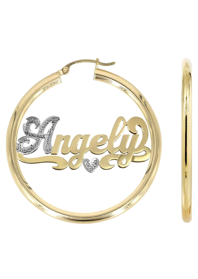 14K Ladies Two Tone Name Plate Hoop Earrings