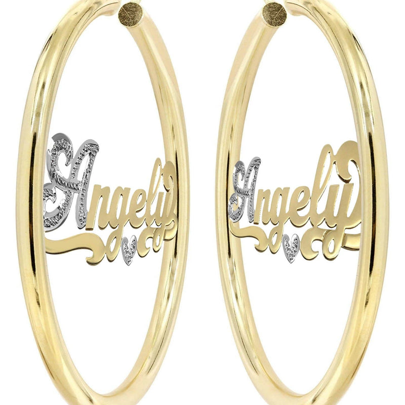 14K Ladies Two Tone Name Plate Hoop Earrings