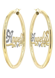 14K Ladies Two Tone Name Plate Hoop Earrings