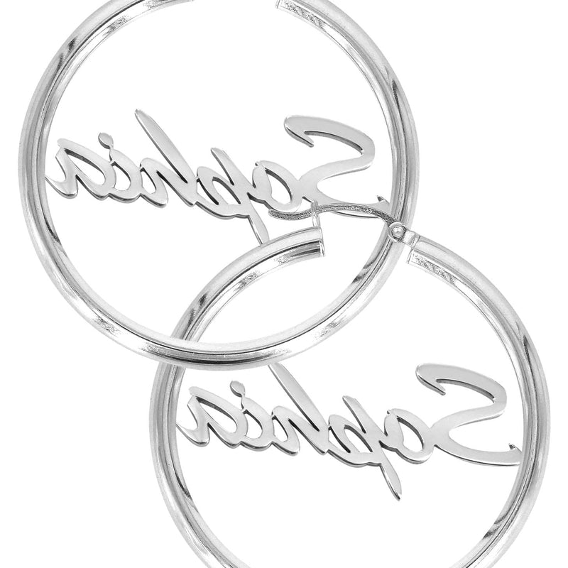 14K Ladies White Gold Name Plate Hoop Earrings