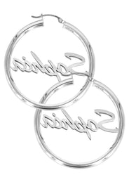 14K Ladies White Gold Name Plate Hoop Earrings