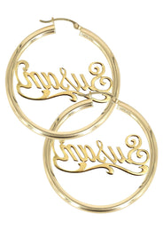 14K Ladies Plain Gold Name Plate Hoop Earrings