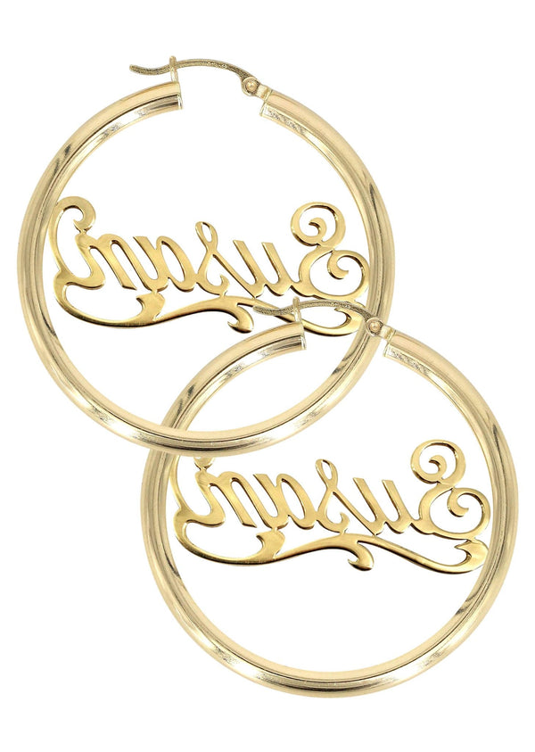 14K Ladies Plain Gold Name Plate Hoop Earrings