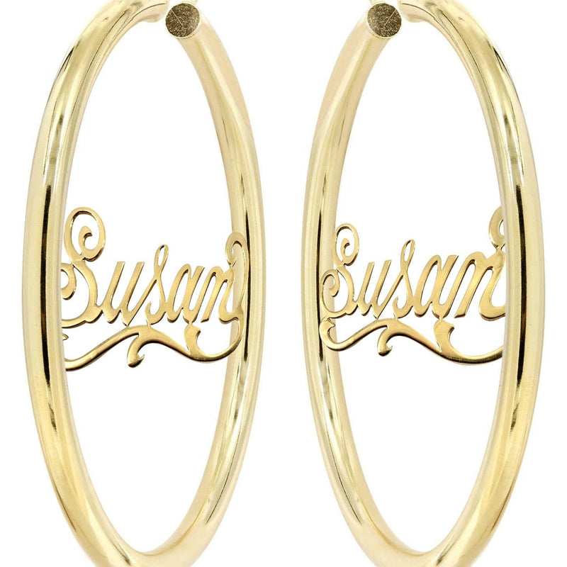 14K Ladies Plain Gold Name Plate Hoop Earrings