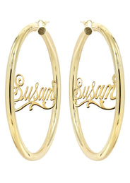 14K Ladies Plain Gold Name Plate Hoop Earrings