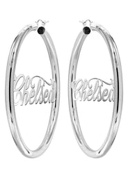 14K Ladies White Gold Name Plate Hoop Earrings