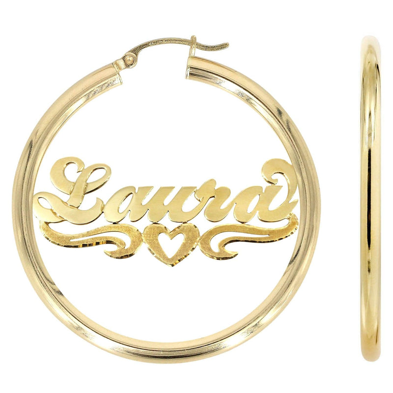 14K Ladies Diamond Cut Heart Name Plate Hoop Earrings