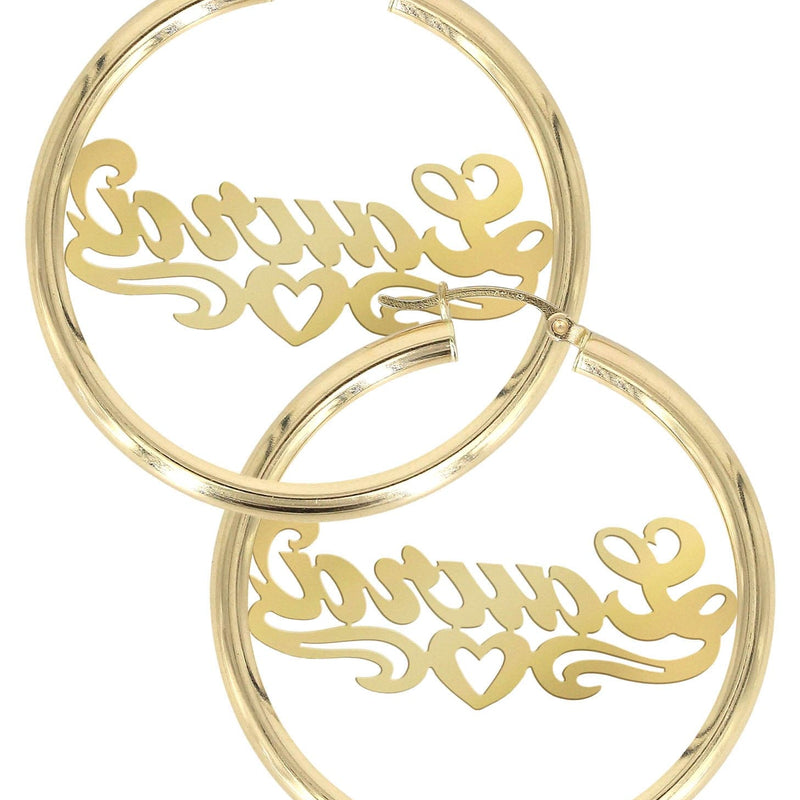 14K Ladies Diamond Cut Heart Name Plate Hoop Earrings