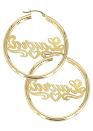 14K Ladies Diamond Cut Heart Name Plate Hoop Earrings