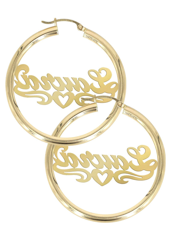 14K Ladies Diamond Cut Heart Name Plate Hoop Earrings