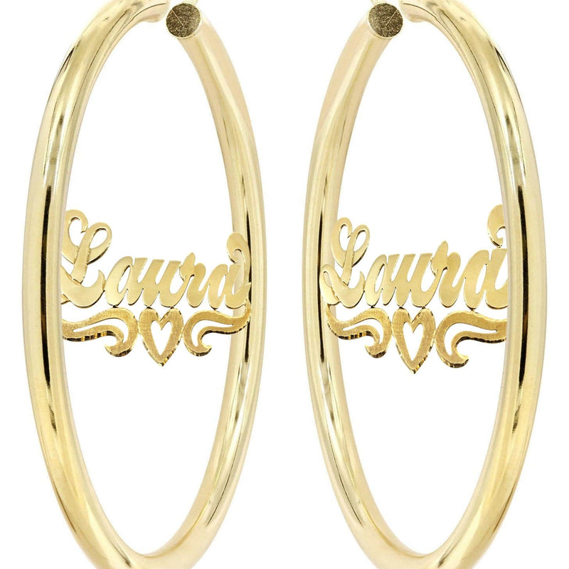 14K Ladies Diamond Cut Heart Name Plate Hoop Earrings