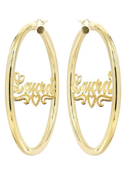14K Ladies Diamond Cut Heart Name Plate Hoop Earrings