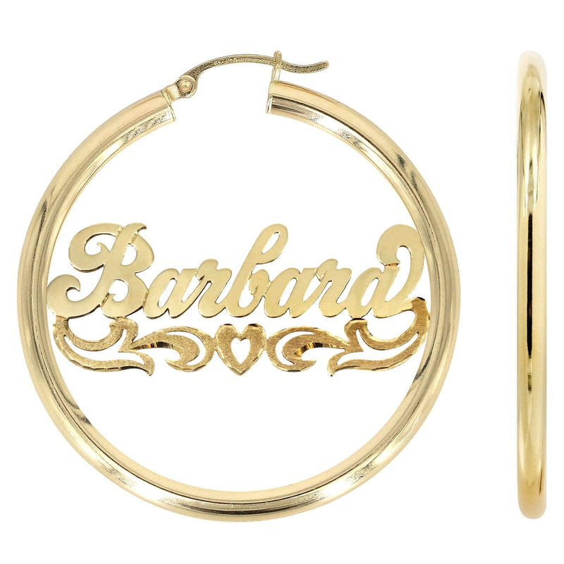 14K Ladies Diamond Cut Heart Name Plate Hoop Earrings