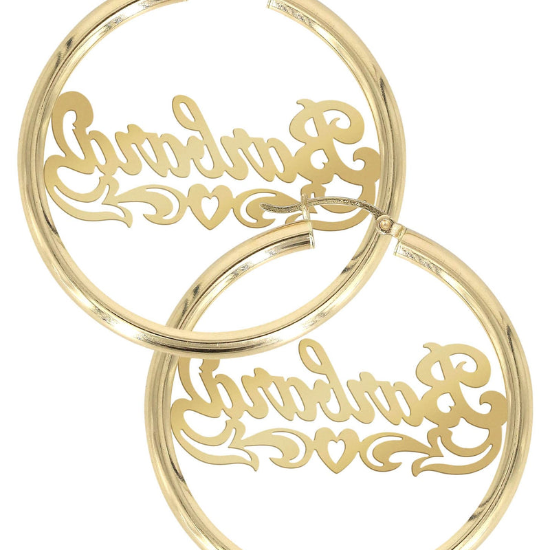 14K Ladies Diamond Cut Heart Name Plate Hoop Earrings