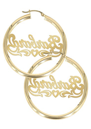 14K Ladies Diamond Cut Heart Name Plate Hoop Earrings
