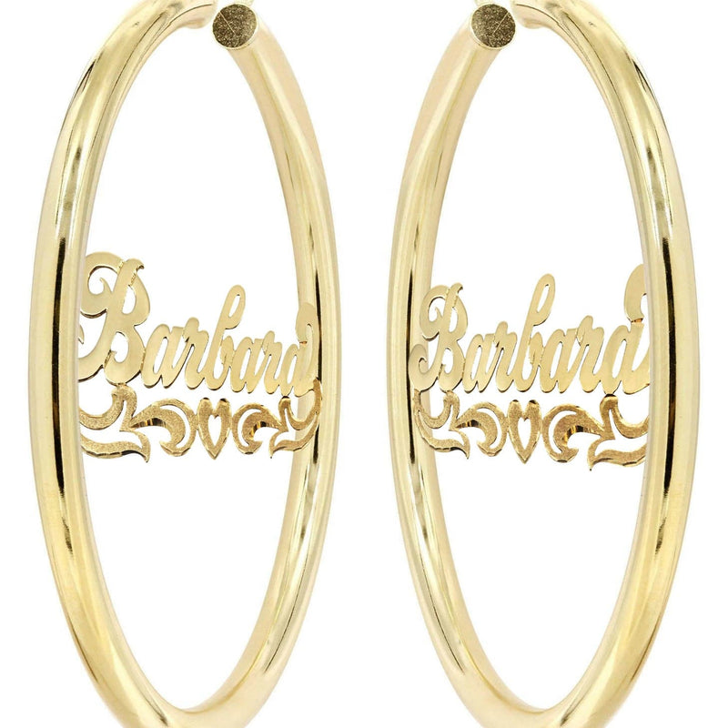14K Ladies Diamond Cut Heart Name Plate Hoop Earrings