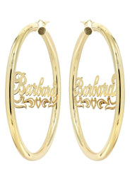 14K Ladies Diamond Cut Heart Name Plate Hoop Earrings