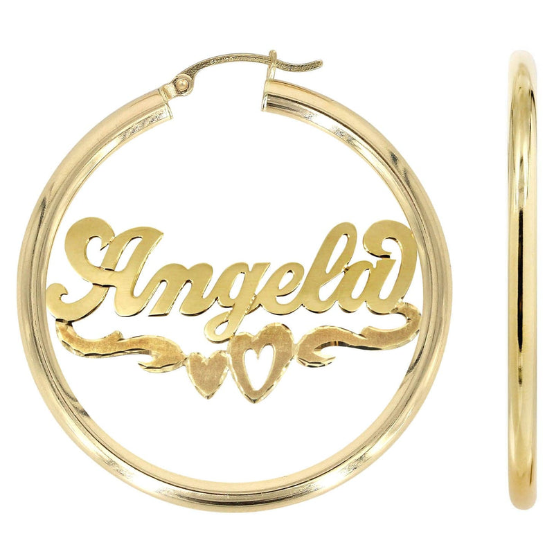 14K Ladies Diamond Cut Heart Name Plate Hoop Earrings