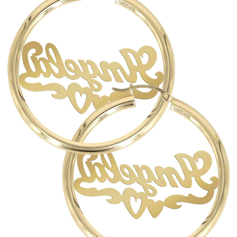 14K Ladies Diamond Cut Heart Name Plate Hoop Earrings