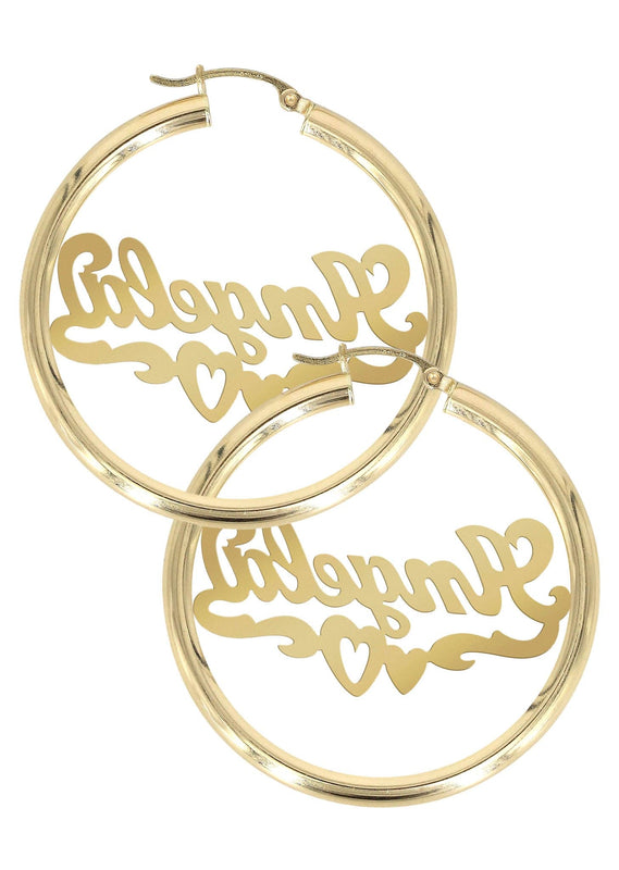 14K Ladies Diamond Cut Heart Name Plate Hoop Earrings