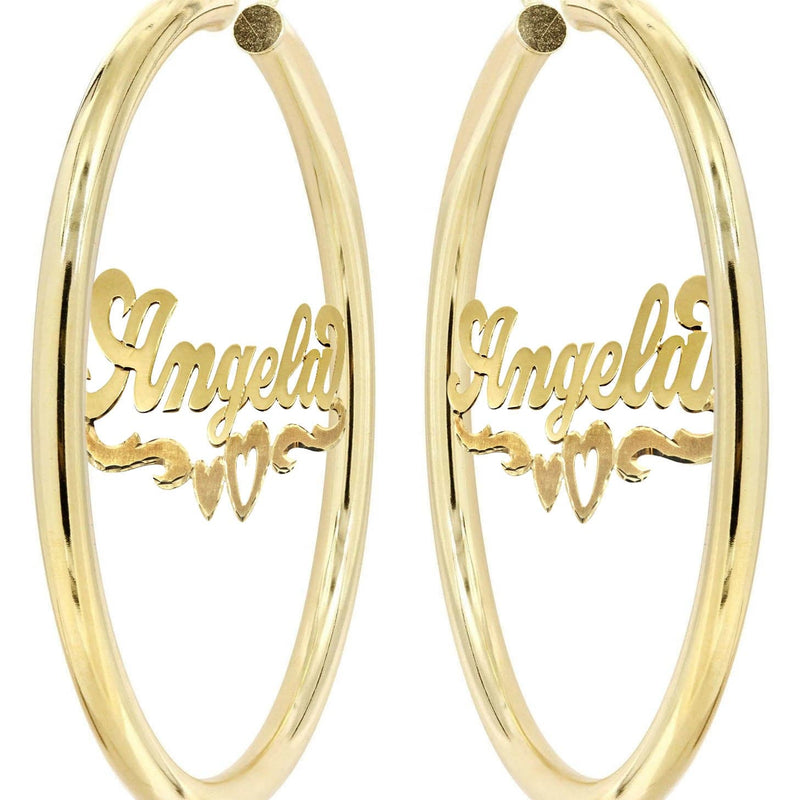 14K Ladies Diamond Cut Heart Name Plate Hoop Earrings