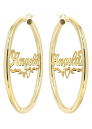 14K Ladies Diamond Cut Heart Name Plate Hoop Earrings