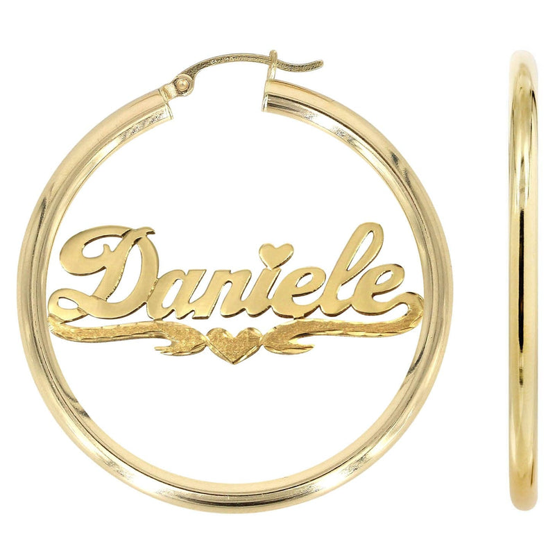 14K Ladies Diamond Cut Heart Name Plate Hoop Earrings