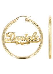 14K Ladies Diamond Cut Heart Name Plate Hoop Earrings