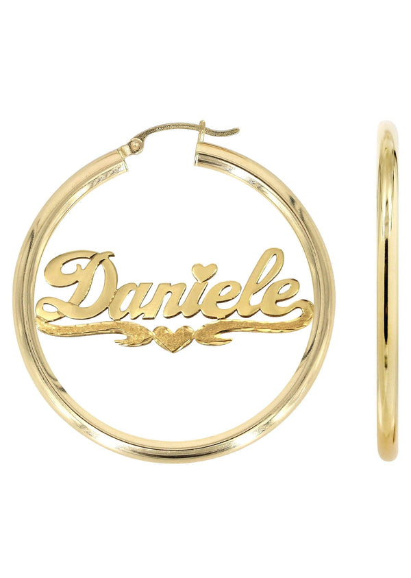 14K Ladies Diamond Cut Heart Name Plate Hoop Earrings