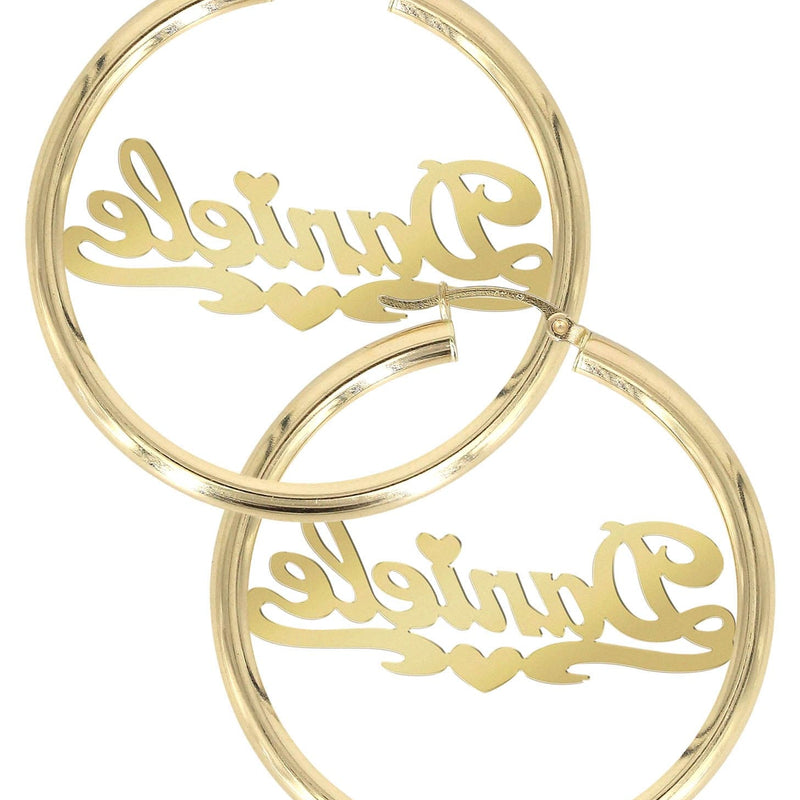 14K Ladies Diamond Cut Heart Name Plate Hoop Earrings