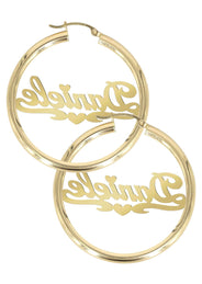14K Ladies Diamond Cut Heart Name Plate Hoop Earrings