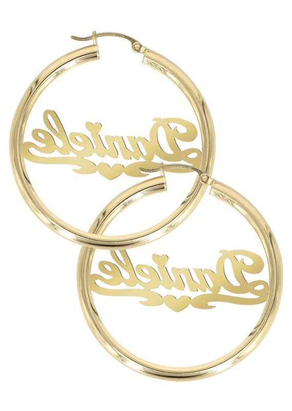 14K Ladies Diamond Cut Heart Name Plate Hoop Earrings