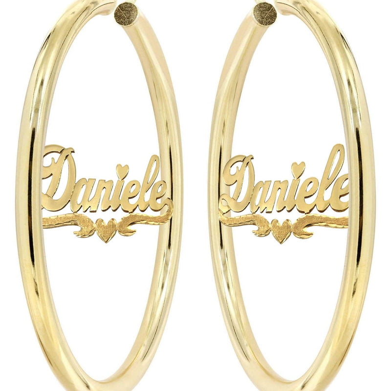 14K Ladies Diamond Cut Heart Name Plate Hoop Earrings