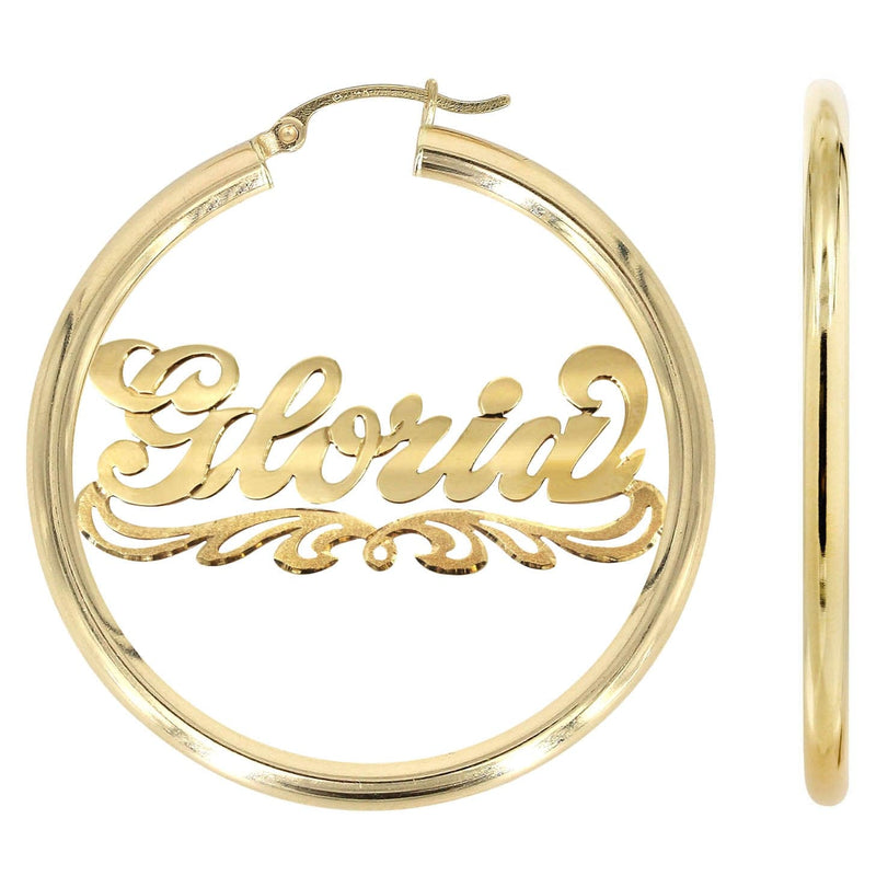 14K Ladies Diamond Cut Name Plate Hoop Earrings
