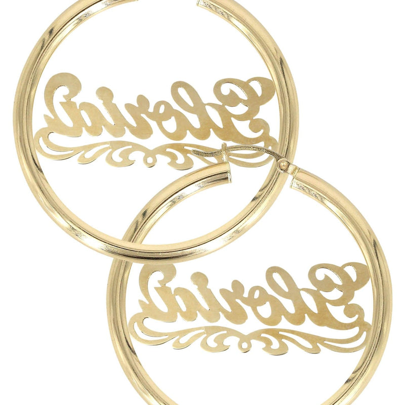 14K Ladies Diamond Cut Name Plate Hoop Earrings