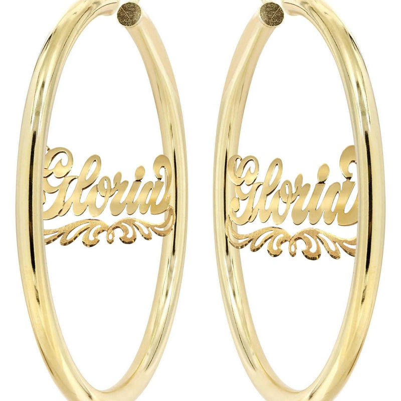 14K Ladies Diamond Cut Name Plate Hoop Earrings