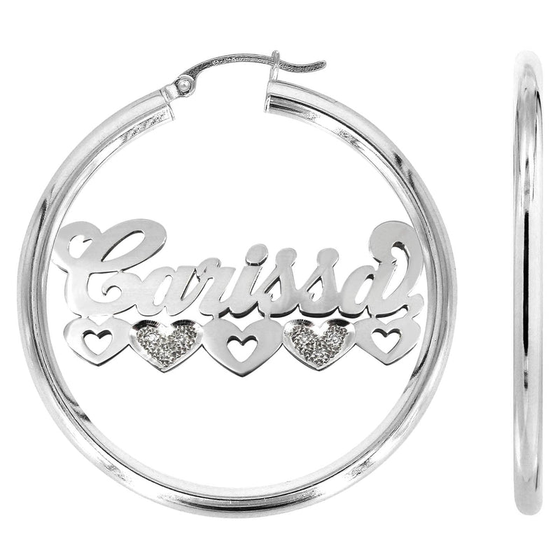 14K Ladies White Gold with Diamonds Name Plate Hoop Earrings