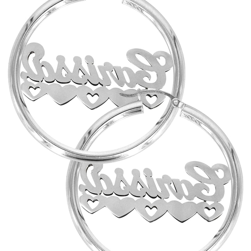 14K Ladies White Gold with Diamonds Name Plate Hoop Earrings