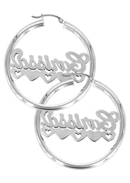 14K Ladies White Gold with Diamonds Name Plate Hoop Earrings